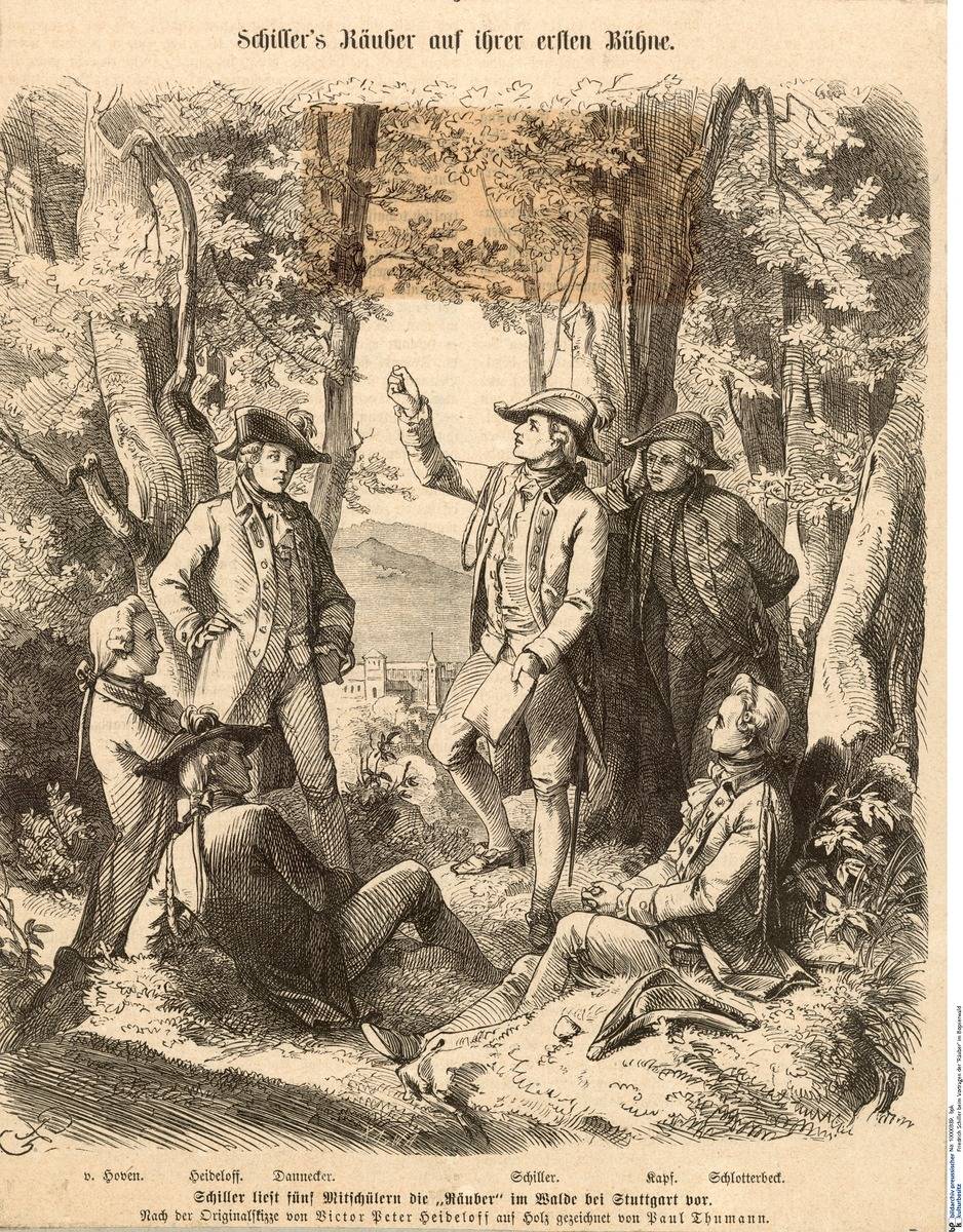 Friedrich Schiller Reciting "Die Räuber" ("The Robbers") to his Classmates in the Bopserwald near Stuttgart Woodcut by Paul Thumann based on an original sketch by Victor Peter Heideloff. © German History in Documents and Images (GHDI) / Bildarchiv Preußischer Kulturbesitz