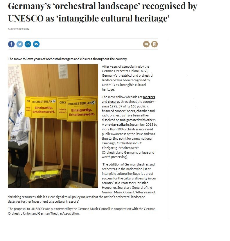 The Strad, “Germany’s ‘orchestral landscape’ recognised by UNESCO as ‘intangible cultural heritage’,” 16 December 2014.